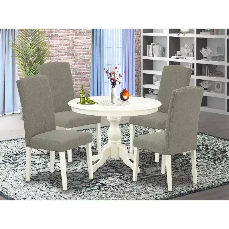 Table de salle à manger 5 pièces en bois massif finition lin blanc avec 4 chaises