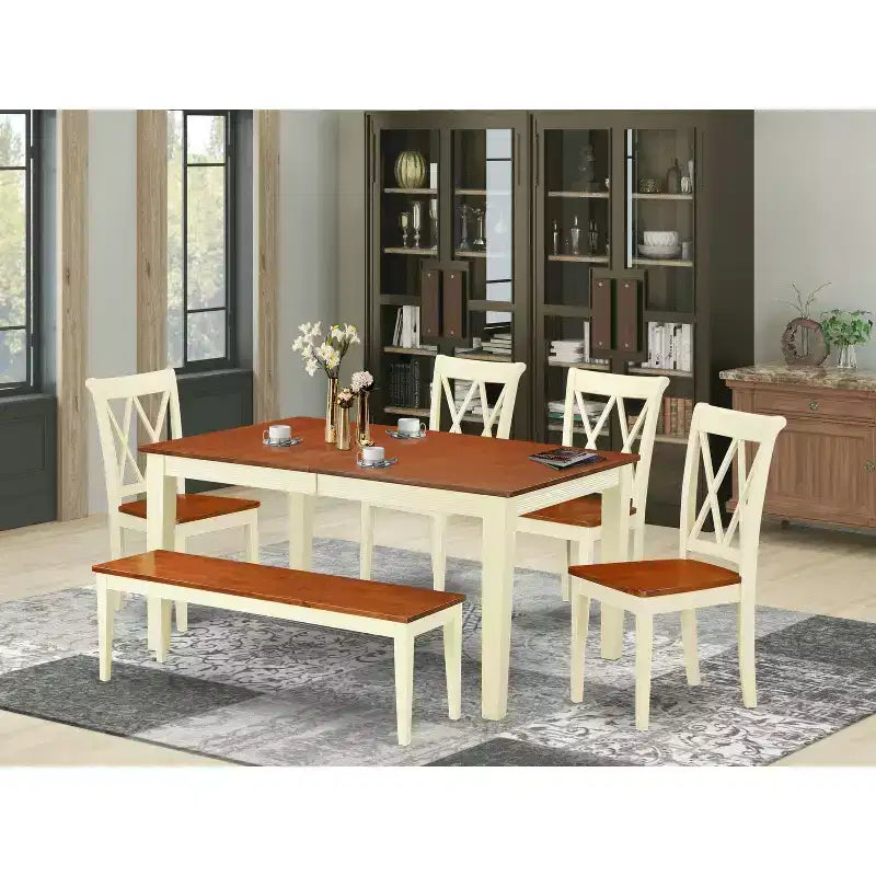 HomeStock – Table de salle à manger rectangulaire 6 places en bois massif (finition crème et cerisier) avec 1 banc et 4 chaises à dossier croisé