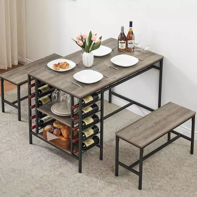 Ensemble table à manger 4 personnes avec 2 bancs – Table de cuisine 3 pièces avec casier à vin intégré et rangement pour petits espaces et appartements