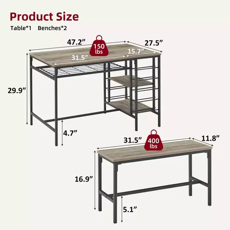 Ensemble table à manger 4 personnes avec 2 bancs – Table de cuisine 3 pièces avec casier à vin intégré et rangement pour petits espaces et appartements