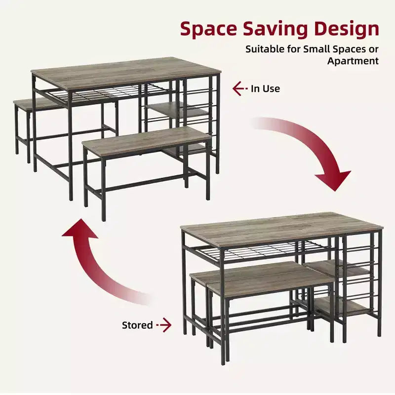 Ensemble table à manger 4 personnes avec 2 bancs – Table de cuisine 3 pièces avec casier à vin intégré et rangement pour petits espaces et appartements