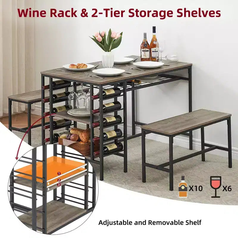 Ensemble table à manger 4 personnes avec 2 bancs – Table de cuisine 3 pièces avec casier à vin intégré et rangement pour petits espaces et appartements