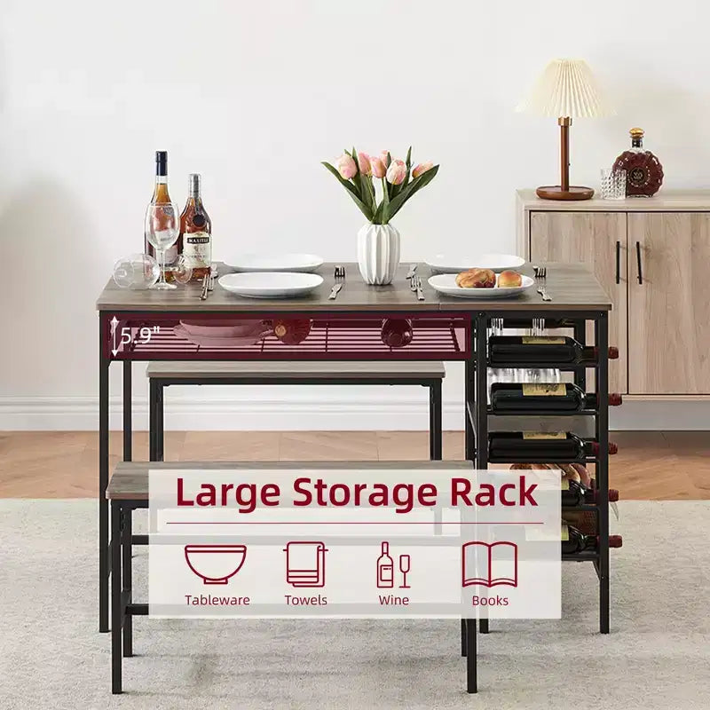 Ensemble table à manger 4 personnes avec 2 bancs – Table de cuisine 3 pièces avec casier à vin intégré et rangement pour petits espaces et appartements