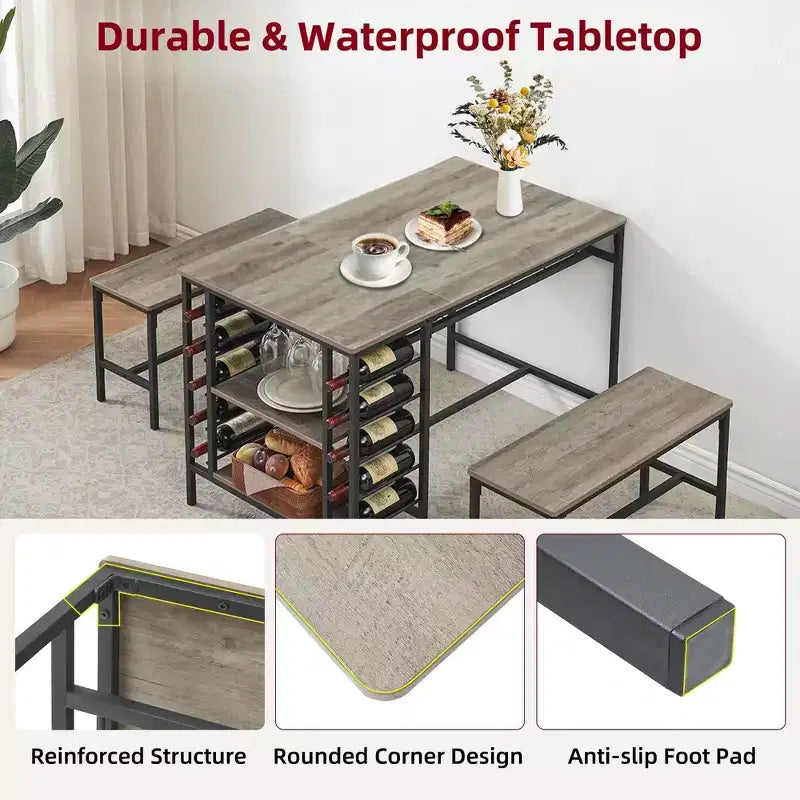 Ensemble table à manger 4 personnes avec 2 bancs – Table de cuisine 3 pièces avec casier à vin intégré et rangement pour petits espaces et appartements
