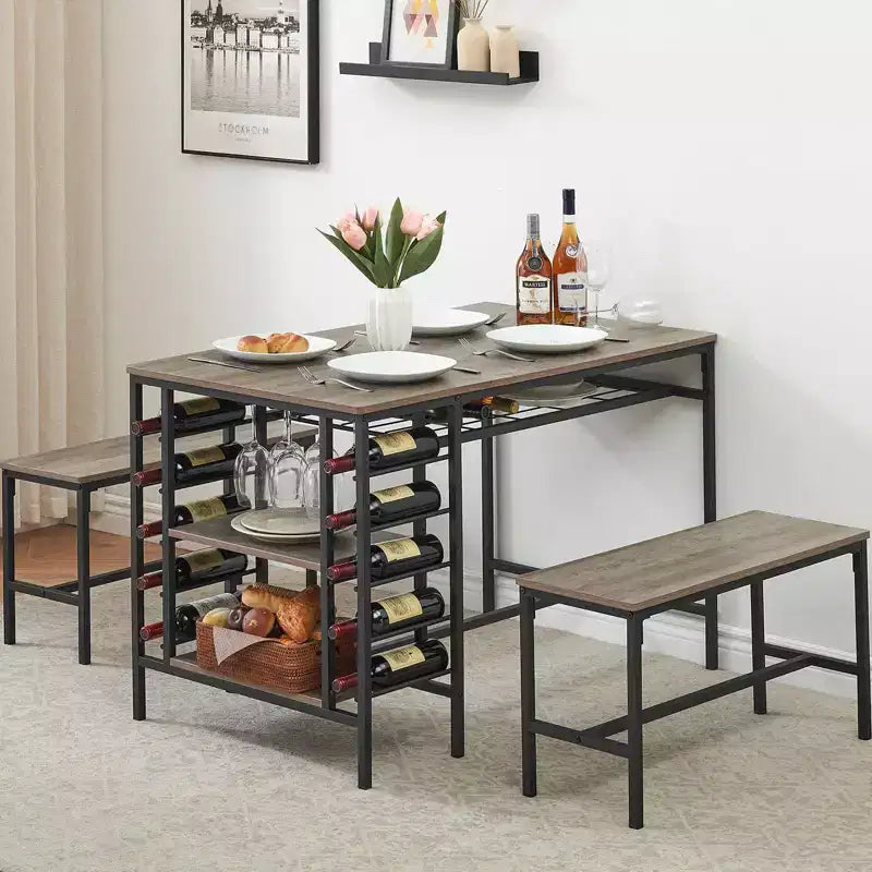 Ensemble table à manger 4 personnes avec 2 bancs – Table de cuisine 3 pièces avec casier à vin intégré et rangement pour petits espaces et appartements