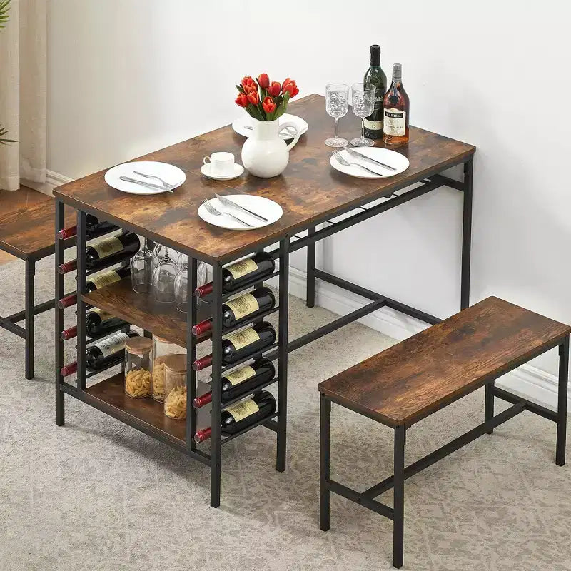 Ensemble table à manger 4 personnes avec 2 bancs – Table de cuisine 3 pièces avec casier à vin intégré et rangement pour petits espaces et appartements