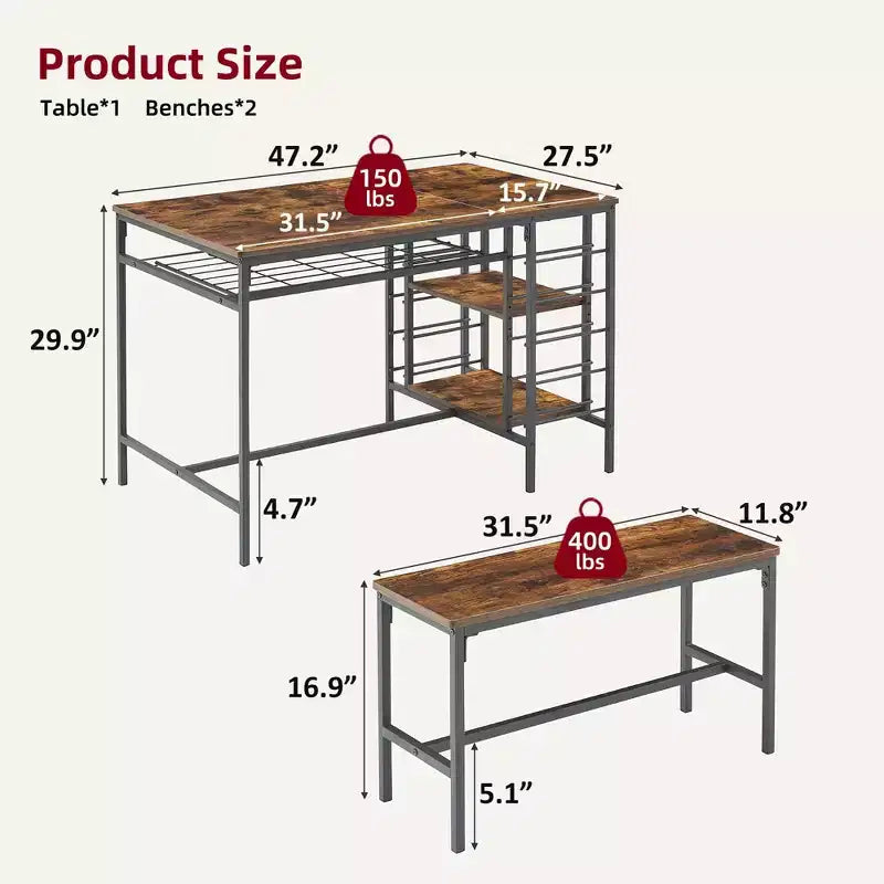 Ensemble table à manger 4 personnes avec 2 bancs – Table de cuisine 3 pièces avec casier à vin intégré et rangement pour petits espaces et appartements