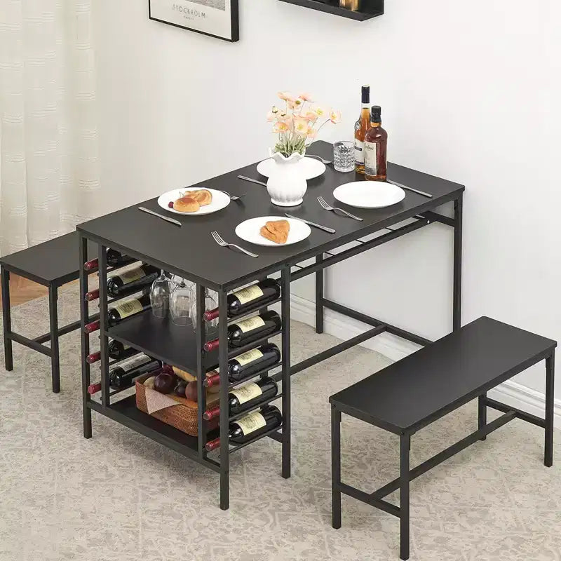 Ensemble table à manger 4 personnes avec 2 bancs – Table de cuisine 3 pièces avec casier à vin intégré et rangement pour petits espaces et appartements