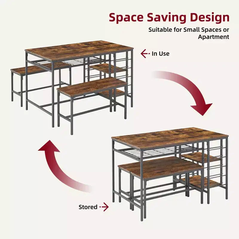 Ensemble table à manger 4 personnes avec 2 bancs – Table de cuisine 3 pièces avec casier à vin intégré et rangement pour petits espaces et appartements