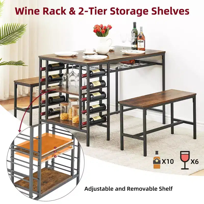 Ensemble table à manger 4 personnes avec 2 bancs – Table de cuisine 3 pièces avec casier à vin intégré et rangement pour petits espaces et appartements