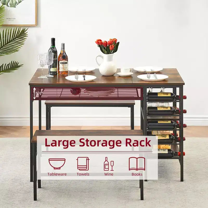 Ensemble table à manger 4 personnes avec 2 bancs – Table de cuisine 3 pièces avec casier à vin intégré et rangement pour petits espaces et appartements