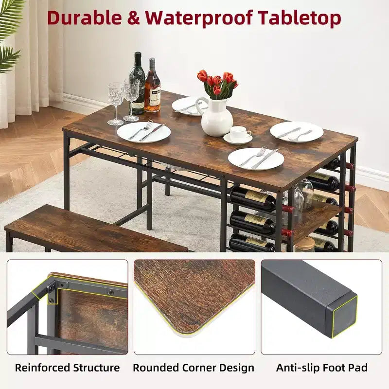 Ensemble table à manger 4 personnes avec 2 bancs – Table de cuisine 3 pièces avec casier à vin intégré et rangement pour petits espaces et appartements