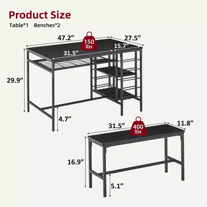 Ensemble table à manger 4 personnes avec 2 bancs – Table de cuisine 3 pièces avec casier à vin intégré et rangement pour petits espaces et appartements