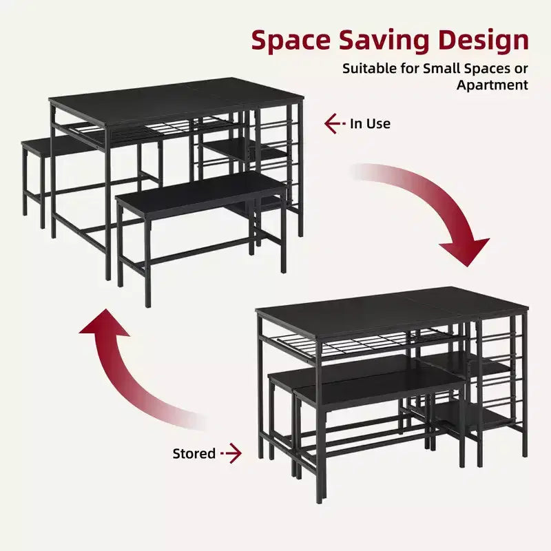 Ensemble table à manger 4 personnes avec 2 bancs – Table de cuisine 3 pièces avec casier à vin intégré et rangement pour petits espaces et appartements