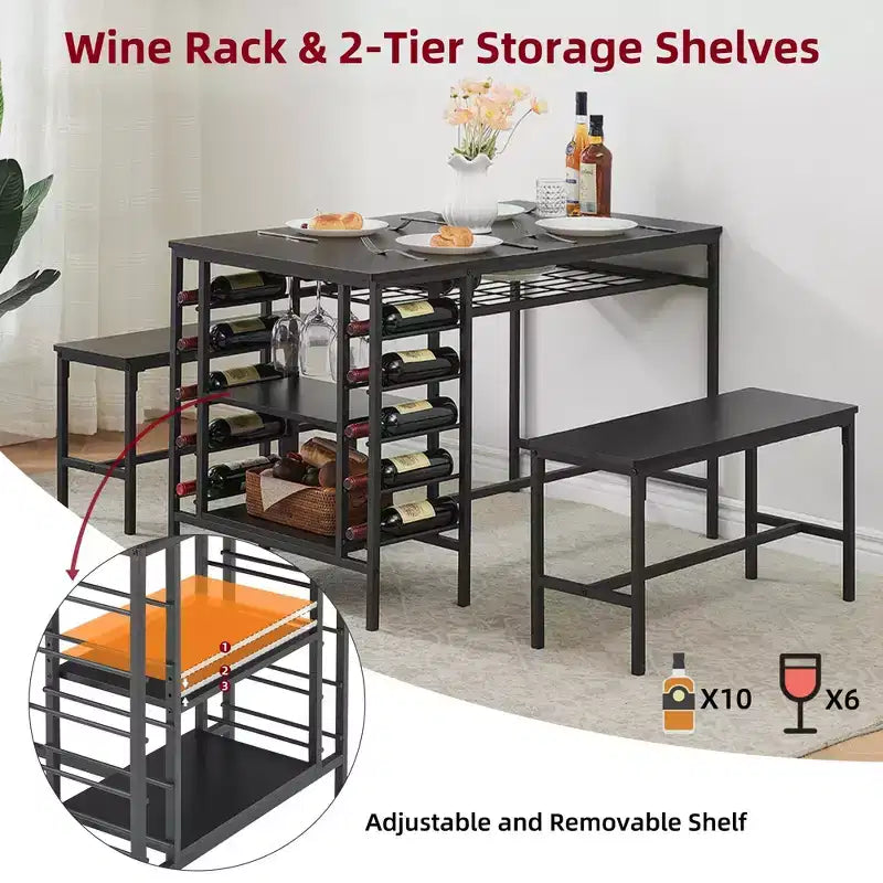 Ensemble table à manger 4 personnes avec 2 bancs – Table de cuisine 3 pièces avec casier à vin intégré et rangement pour petits espaces et appartements