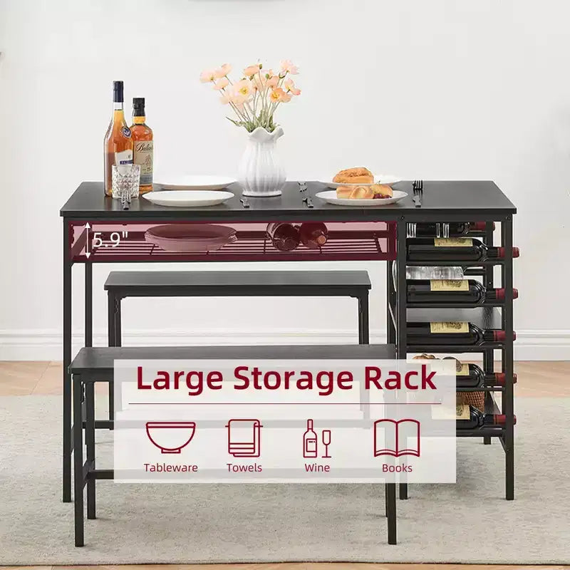 Ensemble table à manger 4 personnes avec 2 bancs – Table de cuisine 3 pièces avec casier à vin intégré et rangement pour petits espaces et appartements