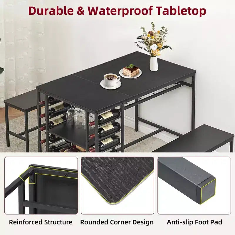 Ensemble table à manger 4 personnes avec 2 bancs – Table de cuisine 3 pièces avec casier à vin intégré et rangement pour petits espaces et appartements