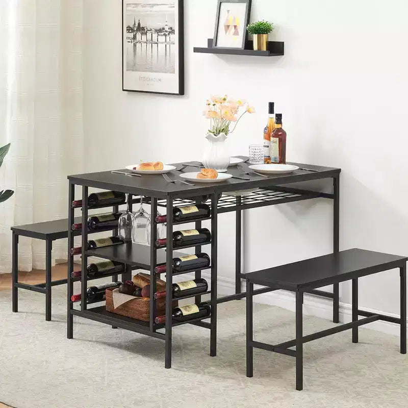 Ensemble table à manger 4 personnes avec 2 bancs – Table de cuisine 3 pièces avec casier à vin intégré et rangement pour petits espaces et appartements