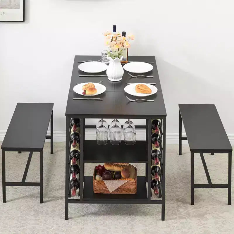 4-Person Dining Table Set with 2 Benches - 3-Piece Kitchen Table with Built-in Wine Rack & Storage for Small Spaces Apartment