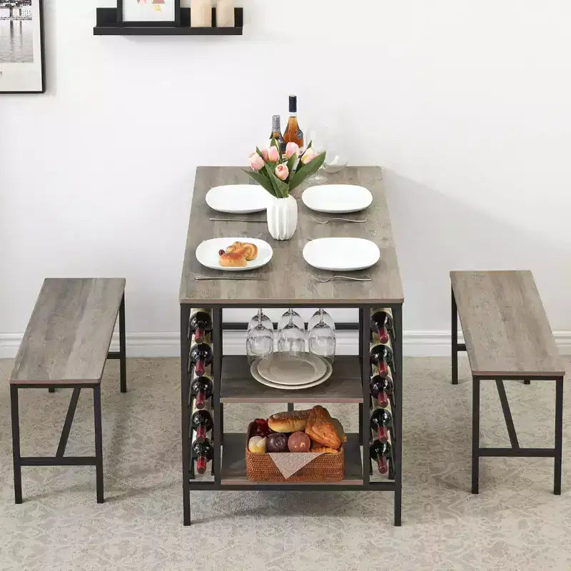 Ensemble table à manger 4 personnes avec 2 bancs – Table de cuisine 3 pièces avec casier à vin intégré et rangement pour petits espaces et appartements