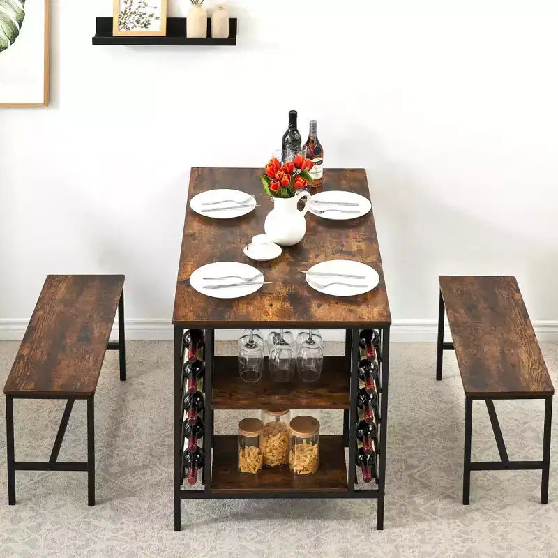 Ensemble table à manger 4 personnes avec 2 bancs – Table de cuisine 3 pièces avec casier à vin intégré et rangement pour petits espaces et appartements