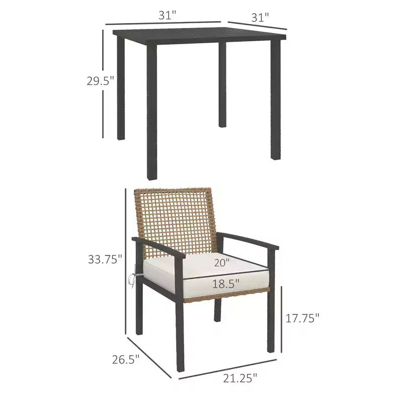 Ensemble repas d'extérieur 5 pièces pour 4 personnes, salon de jardin en rotin tressé, table et chaises de patio avec coussins, table carrée en métal