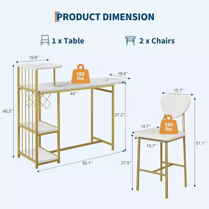Ensemble de table à manger 2 personnes avec étagère de rangement et casier à vin, adapté pour le salon ou la chambre.