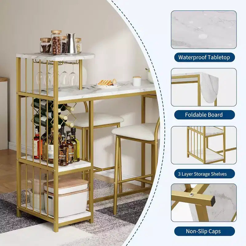 Ensemble de table à manger 2 personnes avec étagère de rangement et casier à vin, adapté pour le salon ou la chambre.