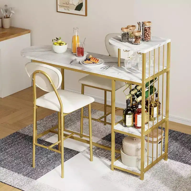 Ensemble de table à manger 2 personnes avec étagère de rangement et casier à vin, adapté pour le salon ou la chambre.