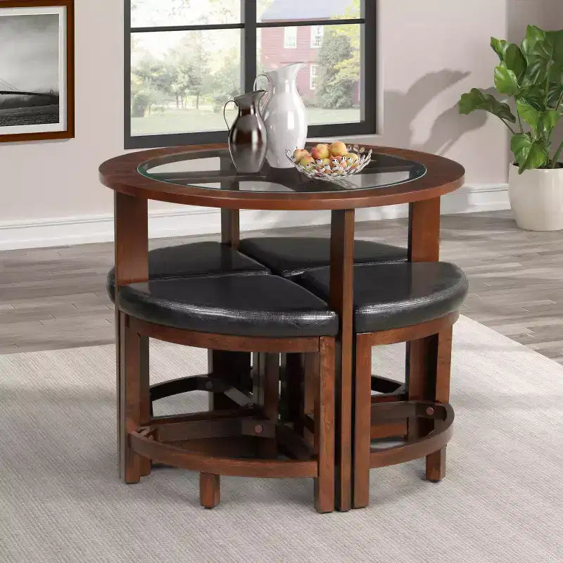 Ensemble de salle à manger moderne GDFStudio Alden de 5 pièces avec plateau rond en verre et 4 tabourets triangulaires