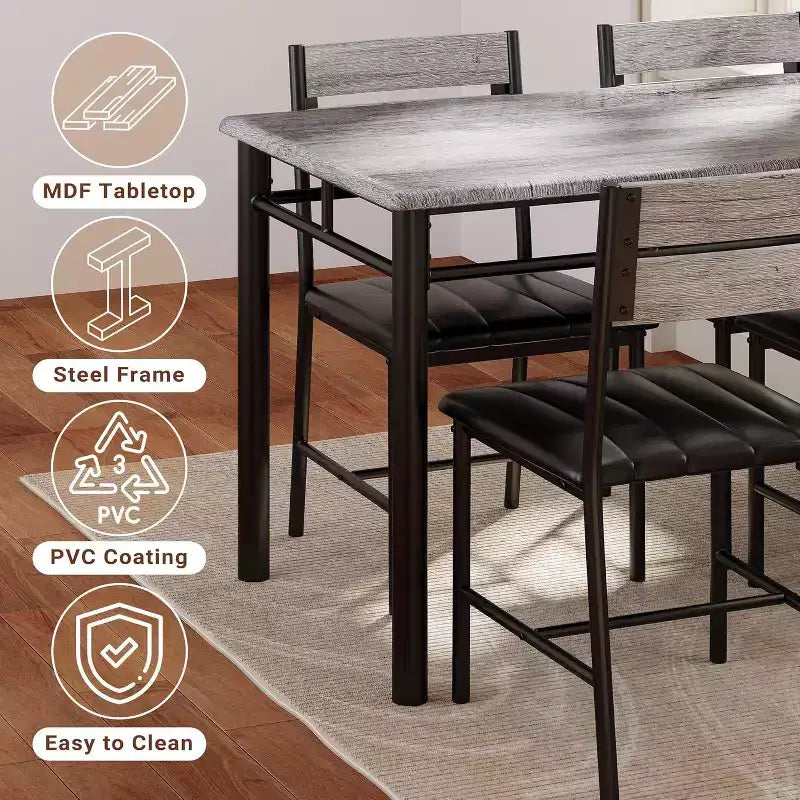 Ensemble de salle à manger 5 pièces, table de cuisine rectangulaire industrielle en bois avec 4 chaises rembourrées à dossier haut, pour cuisine, appartement