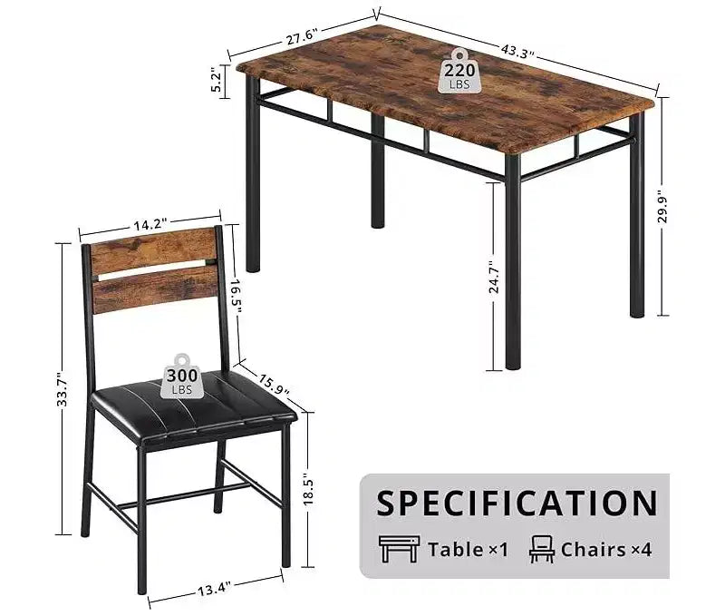 Ensemble de salle à manger 5 pièces, table de cuisine rectangulaire industrielle en bois avec 4 chaises rembourrées à dossier haut, pour cuisine, appartement