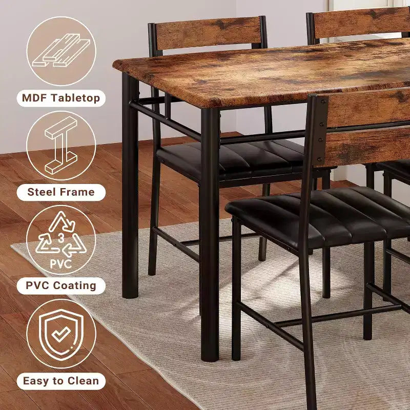Ensemble de salle à manger 5 pièces, table de cuisine rectangulaire industrielle en bois avec 4 chaises rembourrées à dossier haut, pour cuisine, appartement