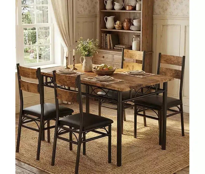Ensemble de salle à manger 5 pièces, table de cuisine rectangulaire industrielle en bois avec 4 chaises rembourrées à dossier haut, pour cuisine, appartement