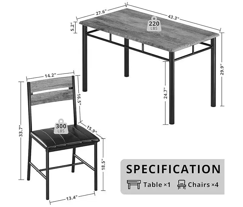 Ensemble de salle à manger 5 pièces, table de cuisine rectangulaire industrielle en bois avec 4 chaises rembourrées à dossier haut, pour cuisine, appartement