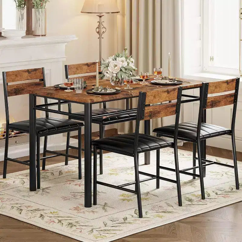 5 Piece Dining Table Set, Wooden Industrial Rectangular Kitchen Dinner Table w/ 4 Upholstered High Back Chairs Set, for Kitchen, Apartment