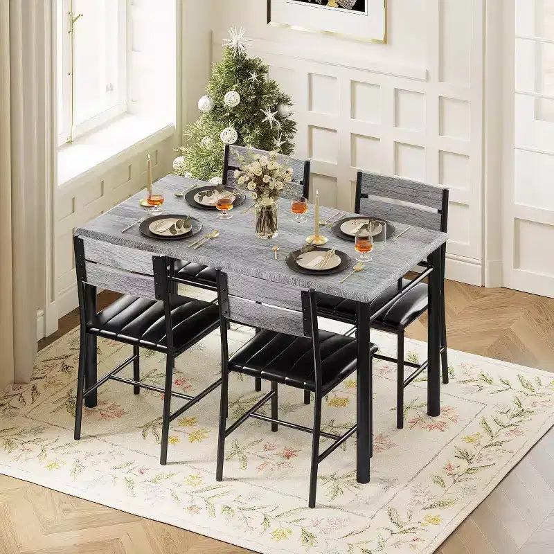 Ensemble de salle à manger 5 pièces, table de cuisine rectangulaire industrielle en bois avec 4 chaises rembourrées à dossier haut, pour cuisine, appartement