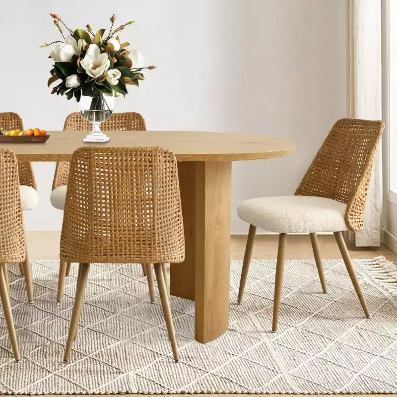 Ensemble de salle à manger 6 places, chaises de salle à manger rembourrées avec dossiers en rotin et table ovale avec finition en bois naturel, pour cuisine ou salle à manger - Panipeachy