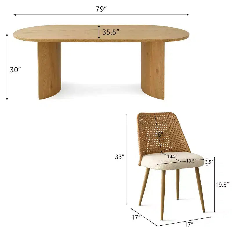 Ensemble de salle à manger 6 places, chaises de salle à manger rembourrées avec dossiers en rotin et table ovale avec finition en bois naturel, pour cuisine ou salle à manger - Panipeachy