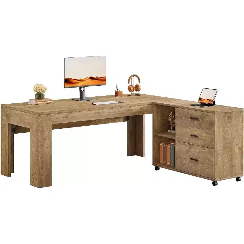Lantine 63 L Shaped Executive Desk with Mobile Lateral File Cabinet Combo, Large Computer Table with Drawers for Home Office