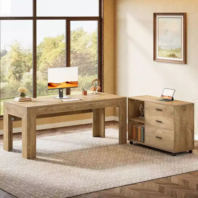 Bureau de direction en L Lantine 63 avec meuble de classement latéral mobile, grande table d'ordinateur avec tiroirs pour bureau à domicile