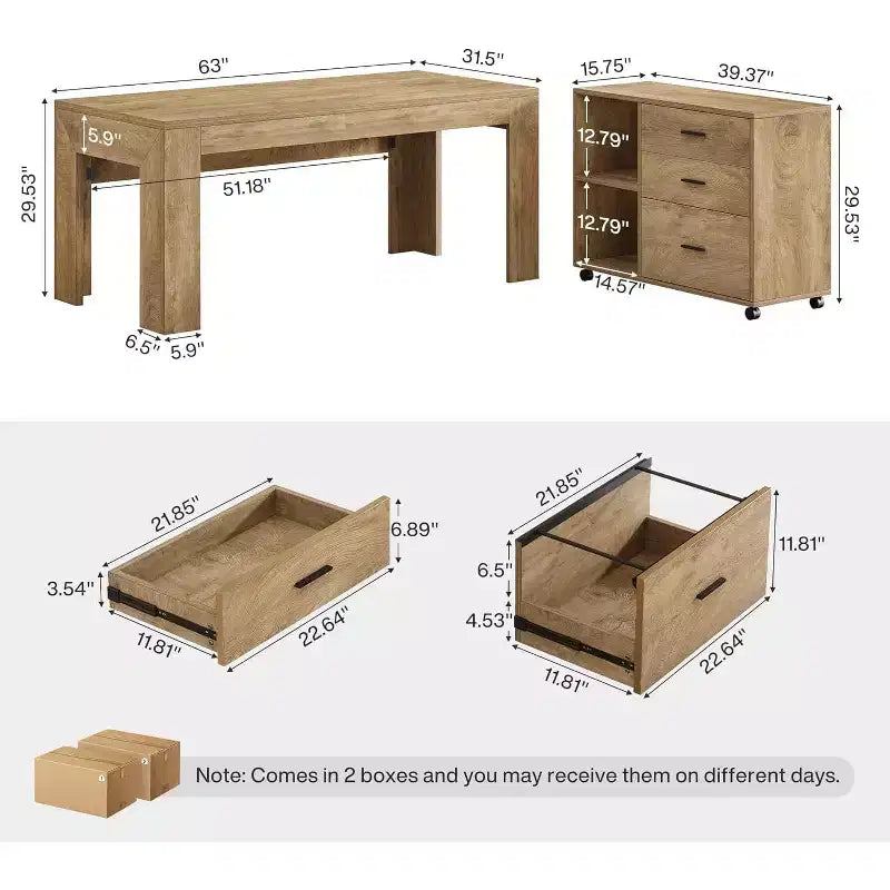 Bureau de direction en L Lantine 63 avec meuble de classement latéral mobile, grande table d'ordinateur avec tiroirs pour bureau à domicile