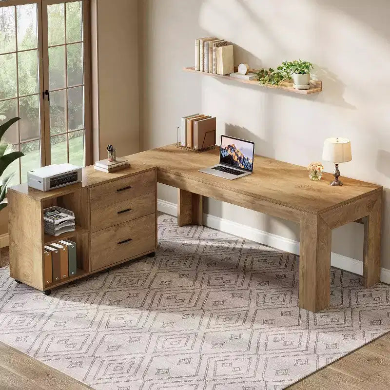 Bureau de direction en L Lantine 63 avec meuble de classement latéral mobile, grande table d'ordinateur avec tiroirs pour bureau à domicile