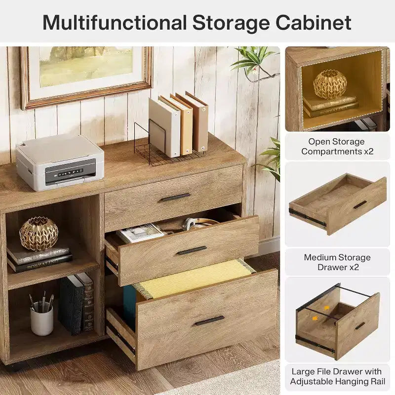 Bureau de direction en L Lantine 63 avec meuble de classement latéral mobile, grande table d'ordinateur avec tiroirs pour bureau à domicile