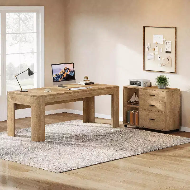 Bureau de direction en L Lantine 63 avec meuble de classement latéral mobile, grande table d'ordinateur avec tiroirs pour bureau à domicile