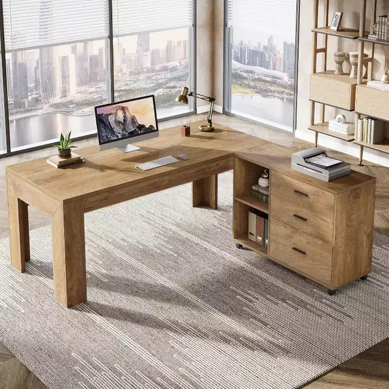 Bureau de direction en L Lantine 63 avec meuble de classement latéral mobile, grande table d'ordinateur avec tiroirs pour bureau à domicile