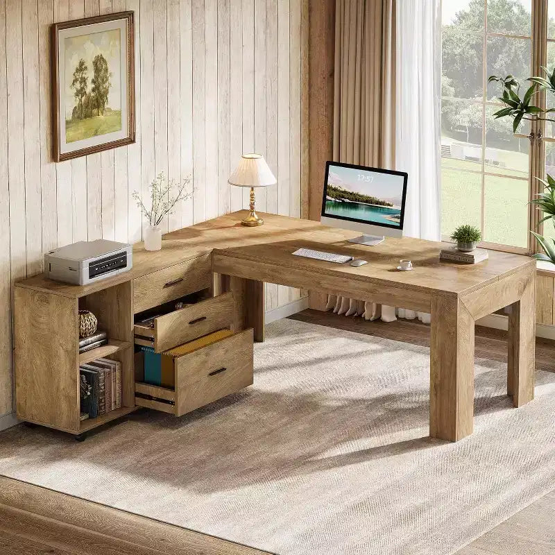 Bureau de direction en L Lantine 63 avec meuble de classement latéral mobile, grande table d'ordinateur avec tiroirs pour bureau à domicile