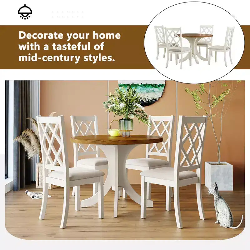 Ensemble de salle à manger 5 pièces de style ferme pour 4 personnes, table de cuisine ronde en bois avec 4 chaises rembourrées
