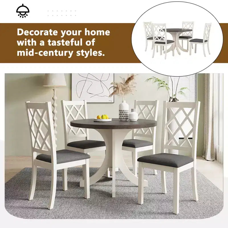 Ensemble de salle à manger 5 pièces de style ferme pour 4 personnes, table de cuisine ronde en bois avec 4 chaises rembourrées