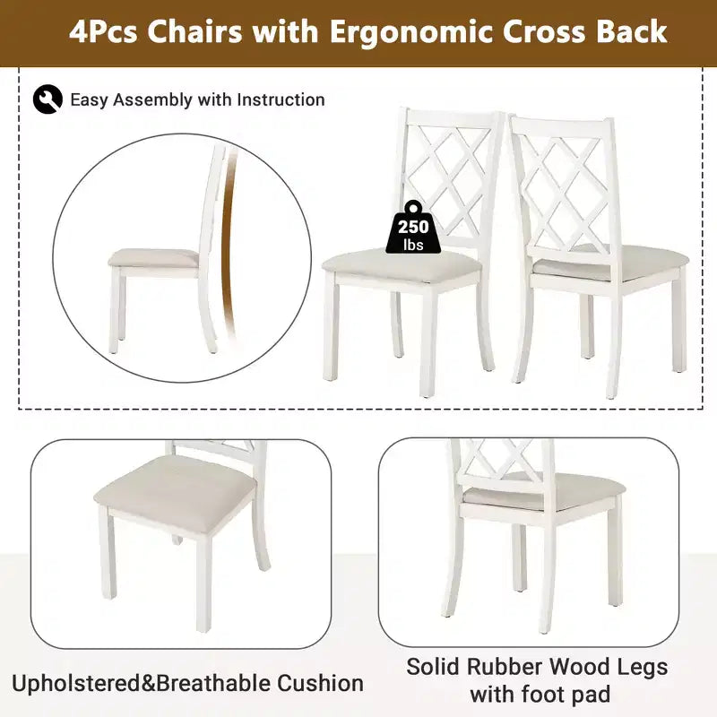Ensemble de salle à manger 5 pièces de style ferme pour 4 personnes, table de cuisine ronde en bois avec 4 chaises rembourrées